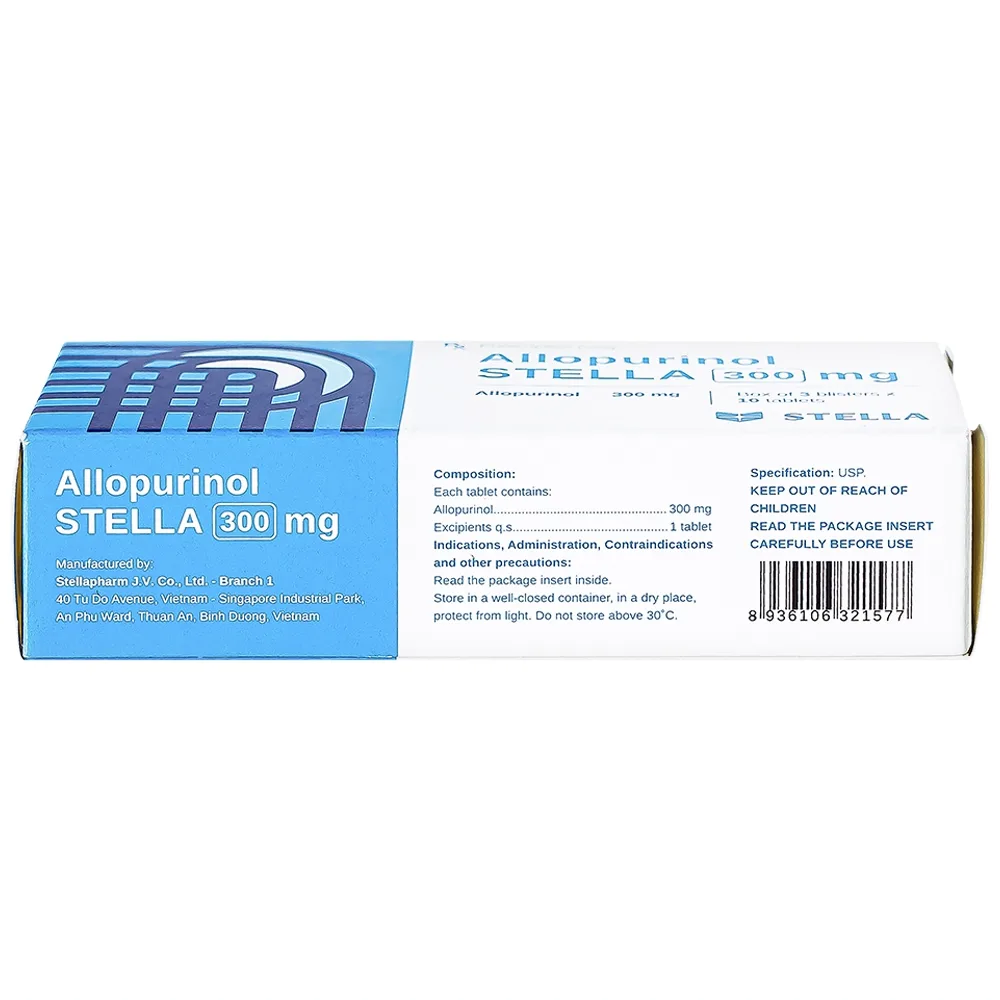 Hình ảnh Thuốc Allopurinol Stella 300mg điều trị tăng acid uric máu, sỏi thận (3 vỉ x 10 viên)