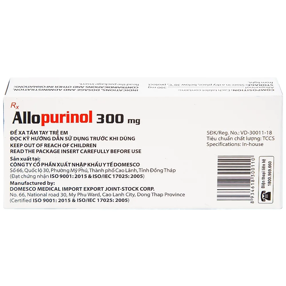 Hình ảnh Thuốc Allopurinol 300mg Domesco điều trị tăng acid uric máu, sỏi thận (2 vỉ x 10 viên)