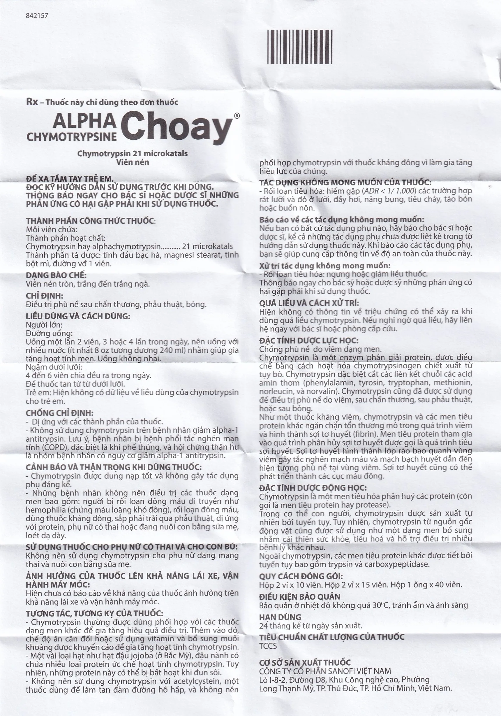Hình ảnh Thuốc Alpha Chymotrypsine Choay Sanofi điều trị phù nề sau chấn thương, phẩu thuật, bỏng (2 vỉ x 15 viên)