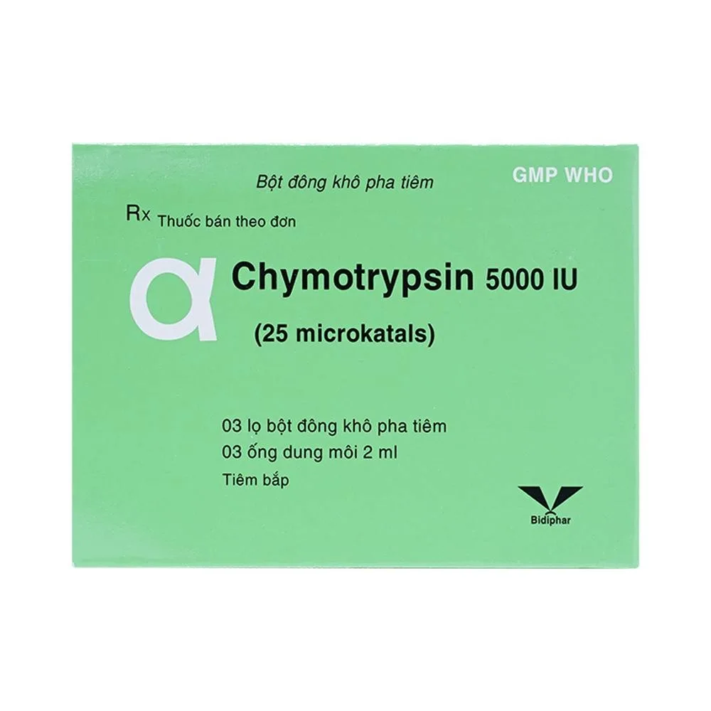 Hình ảnh Bột đông khô pha tiêm AlphaChymotripsin 5000IU Bidiphar điều trị phù nề sau chấn thương, phẩu thuật (3 lọ bột x 3 ống dung môi)