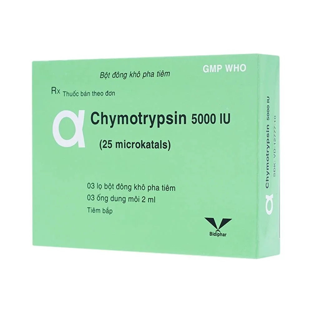 Hình ảnh Bột đông khô pha tiêm AlphaChymotripsin 5000IU Bidiphar điều trị phù nề sau chấn thương, phẩu thuật (3 lọ bột x 3 ống dung môi)