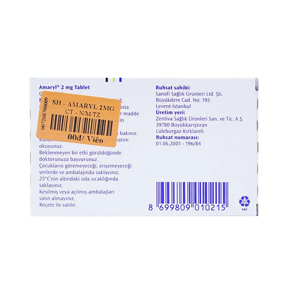 Hình ảnh Thuốc Amaryl 2mg Sanofi điều trị bệnh đái tháo đường (3 vỉ x 10 viên)
