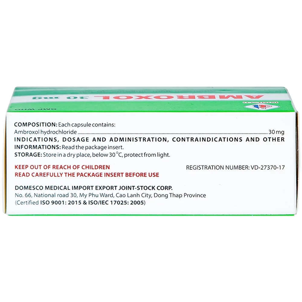 Hình ảnh Thuốc Ambroxol 30mg Domesco điều trị viêm phế quản, hen phế quản (10 vỉ x 10 viên)