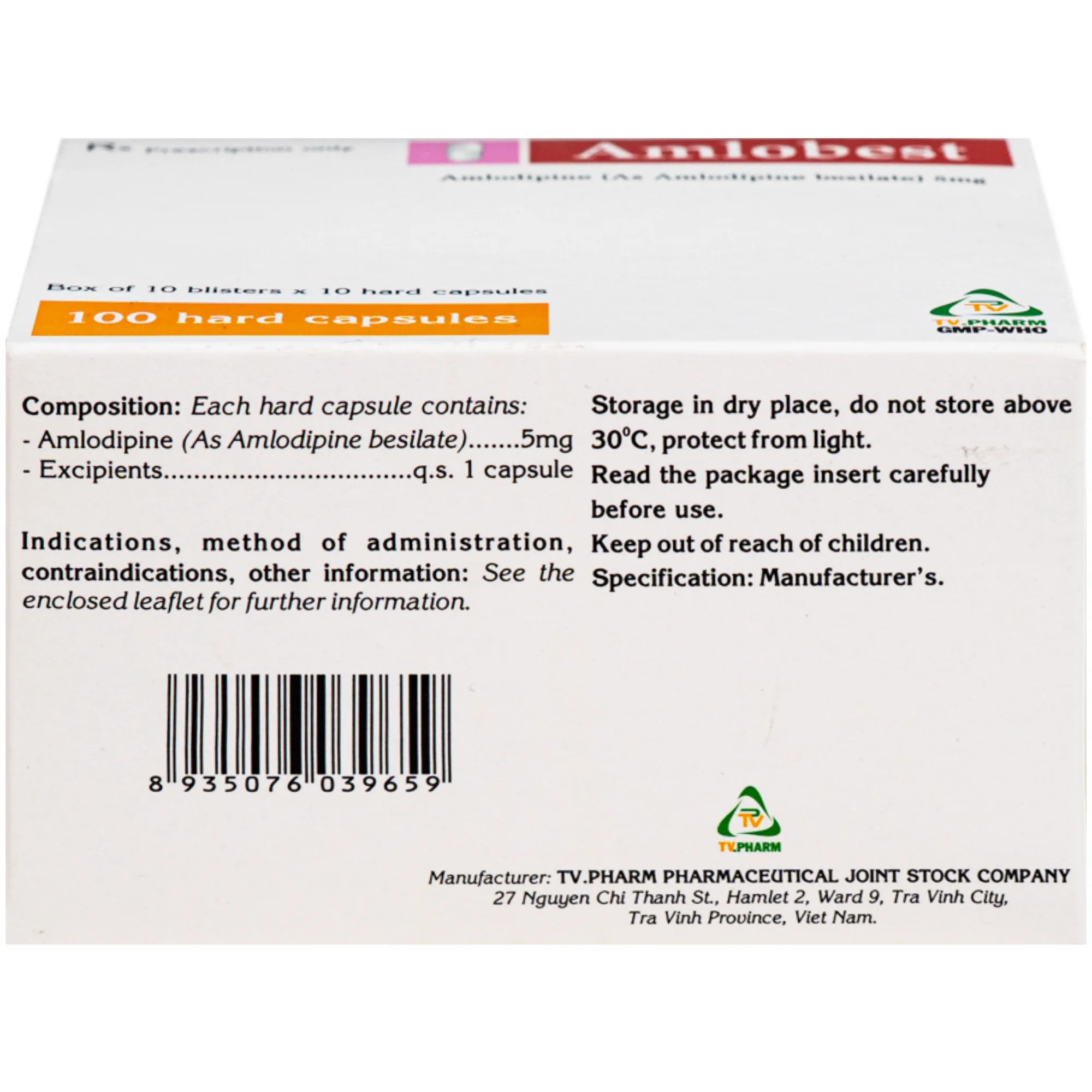 Hình ảnh Thuốc Amlobest 5mg TV.Pharm điều trị tăng huyết áp và dự phòng đau thắt ngực ổn định (10 vỉ x 10 viên)