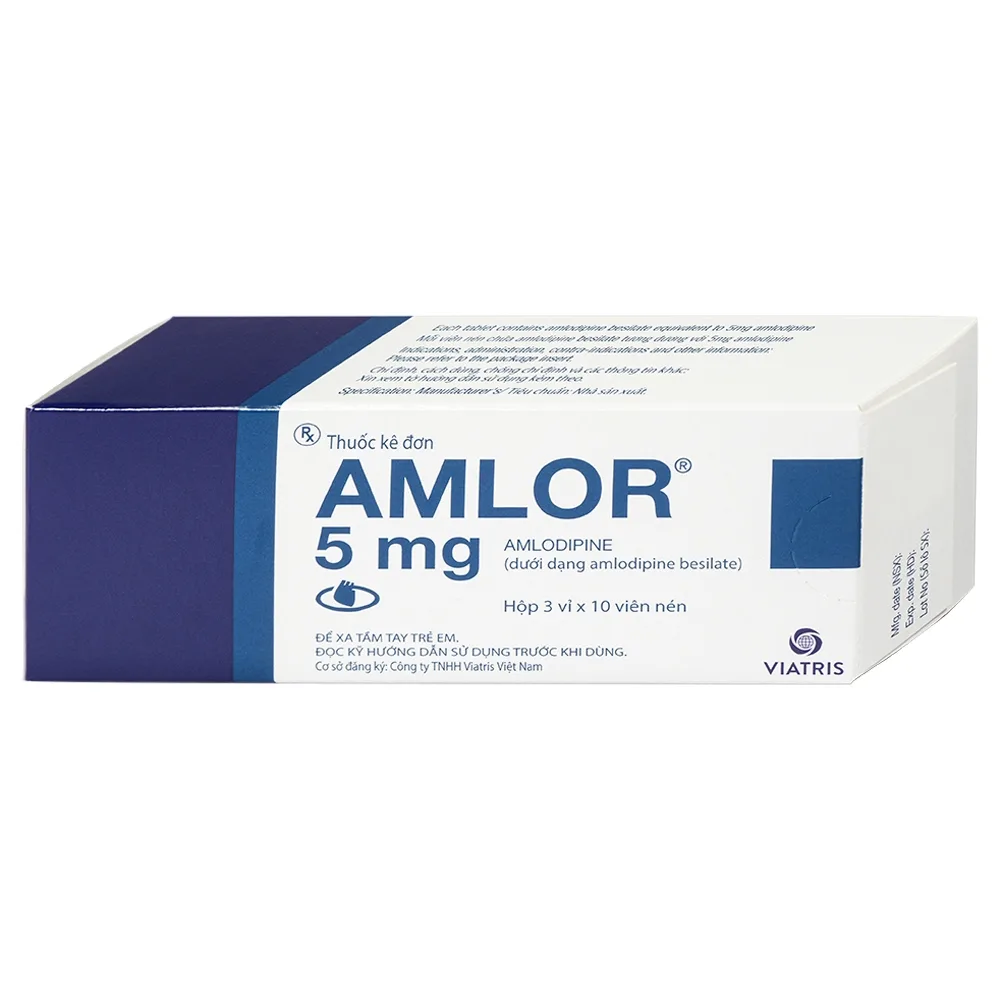Hình ảnh Thuốc Amlor 5mg Tablets Viatris điều trị tăng huyết áp, đau thắt ngực (3 vỉ x 10 viên)