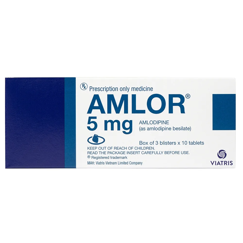 Hình ảnh Thuốc Amlor 5mg Tablets Viatris điều trị tăng huyết áp, đau thắt ngực (3 vỉ x 10 viên)