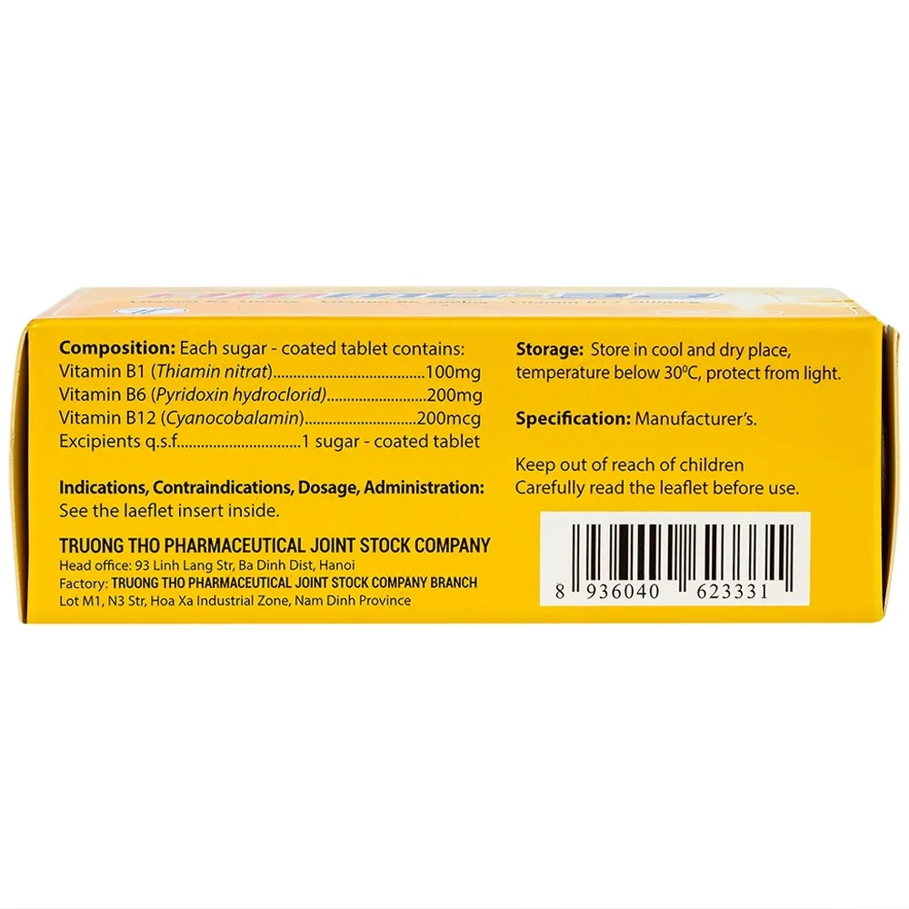 Hình ảnh Thuốc Ammg-3B Trường Thọ điều trị bệnh lý thần kinh do thiếu vitamin B1, B6, B12 (5 vỉ x 10 viên)