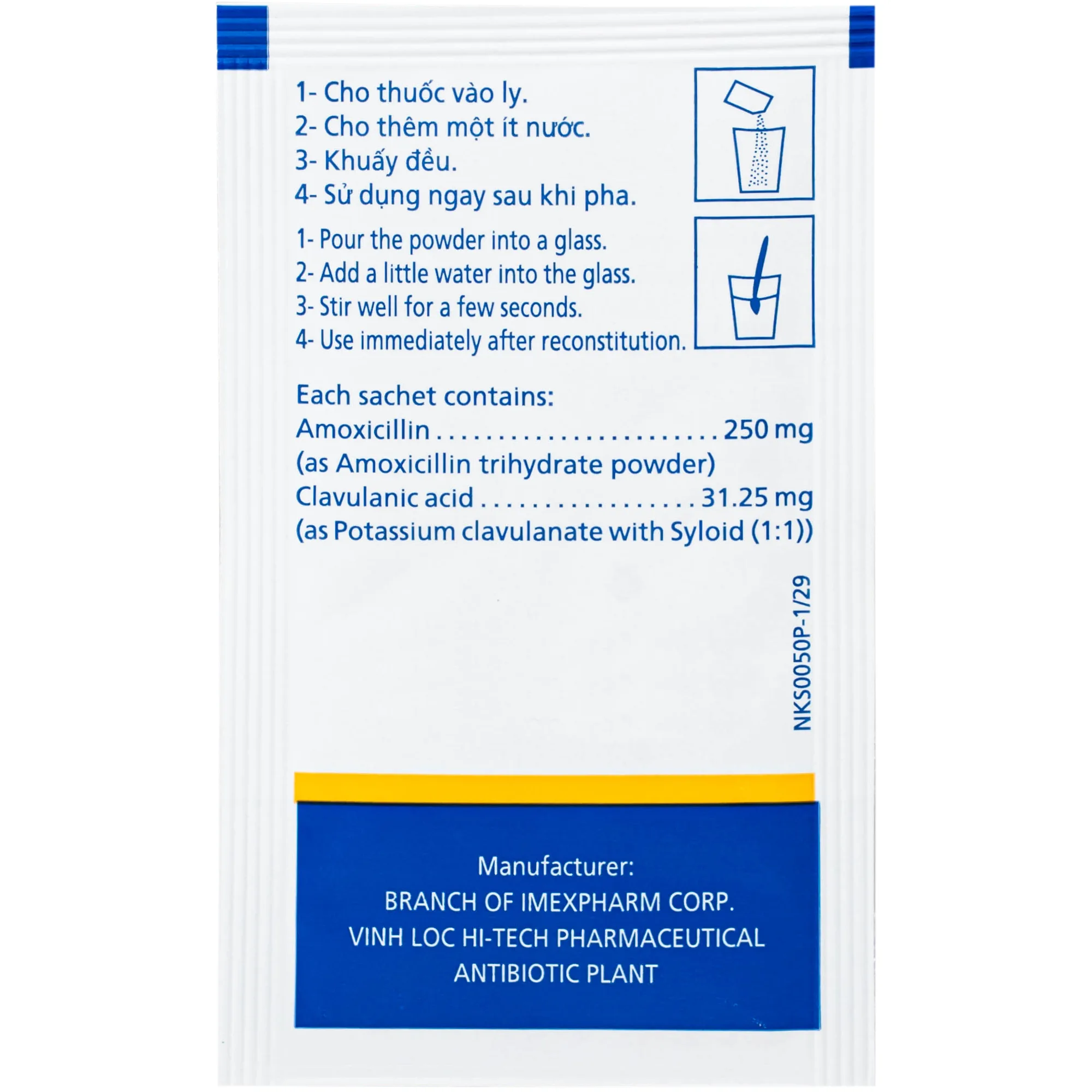 Hình ảnh Thuốc Amoxicillin/Acid clavulanic 250mg/31,25 mg Imexpharm điều trị nhiễm khuẩn (Hộp 12 gói)
