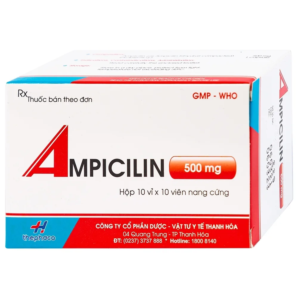 Hình ảnh Thuốc Ampicilin 500mg Thephaco điều trị nhiễm khuẩn (10 vỉ x 10 viên)
