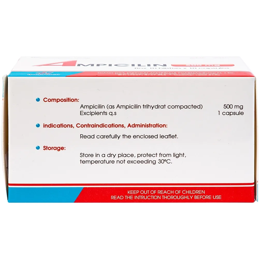 Hình ảnh Thuốc Ampicilin 500mg Thephaco điều trị nhiễm khuẩn (10 vỉ x 10 viên)