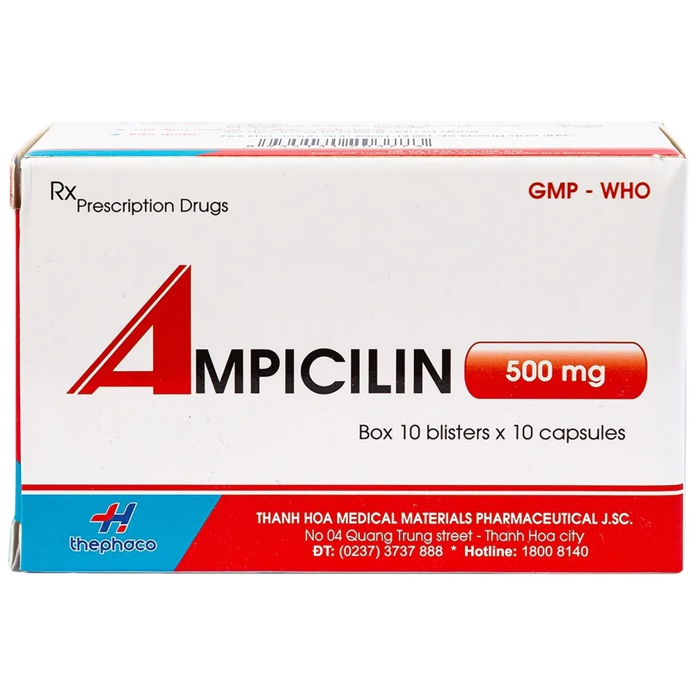 Hình ảnh Thuốc Ampicilin 500mg Thephaco điều trị nhiễm khuẩn (10 vỉ x 10 viên)