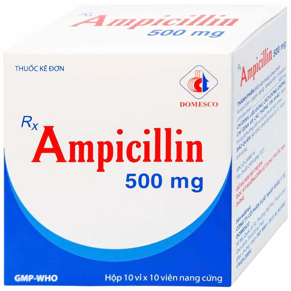 Hình ảnh Thuốc Ampicillin 500mg Domesco điều trị nhiễm khuẩn (10 vỉ x 10 viên)