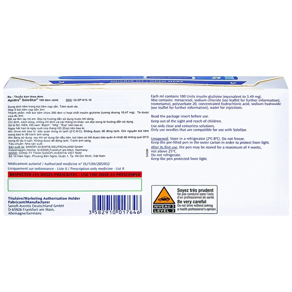 Hình ảnh Bút tiêm Apidra Solostar 100IU/ml Sanofi điều trị đái tháo đường (5 bút x 3ml)