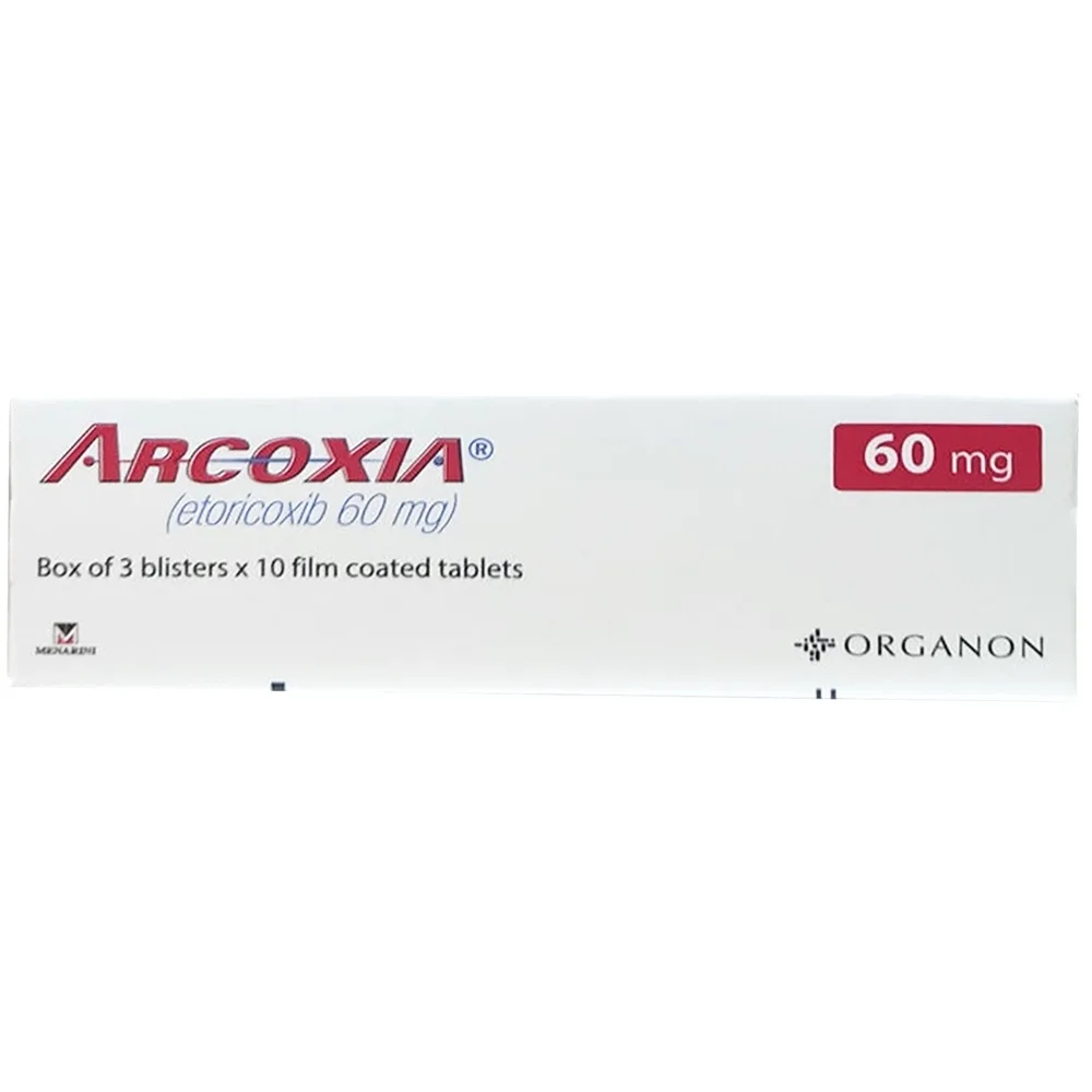 Hình ảnh Thuốc Arcoxia 60mg Organon điều trị cấp tính và mãn tính thoái hóa khớp, viêm khớp dạng thấp (3 vỉ x 10 viên)