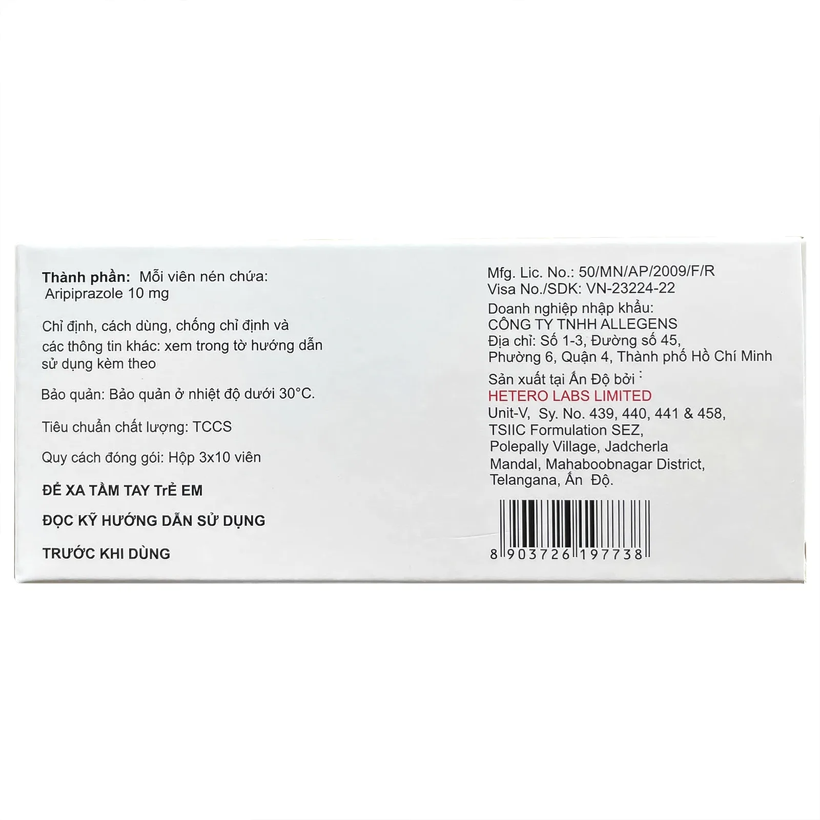 Hình ảnh Thuốc Aritero 10 Hetero điều trị tâm thần phân liệt, rối loạn lưỡng cực (3 vỉ x 10 viên)