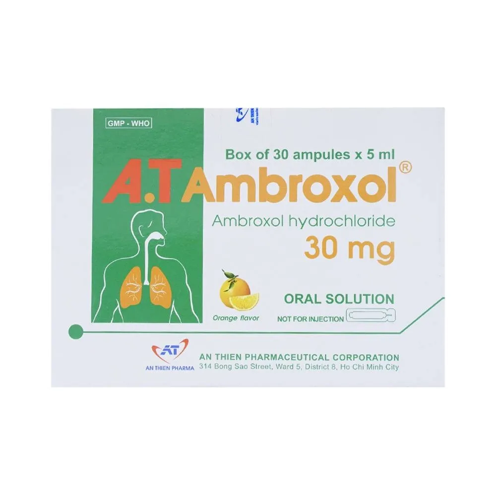 Hình ảnh Dung dịch uống A.T Ambroxol 30mg An Thiên làm loãng nhầy trong bệnh viêm phế quản, hen phế quản (30 ống x 5ml)