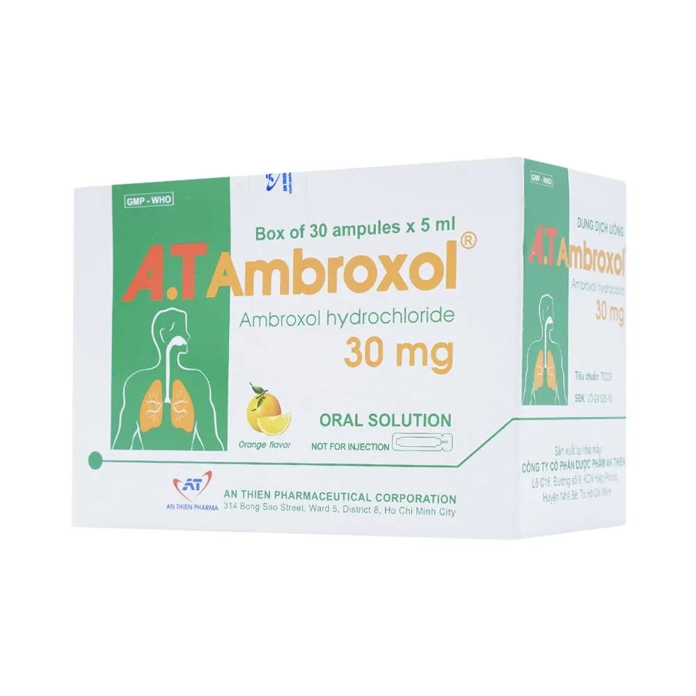 Hình ảnh Dung dịch uống A.T Ambroxol 30mg An Thiên làm loãng nhầy trong bệnh viêm phế quản, hen phế quản (30 ống x 5ml)