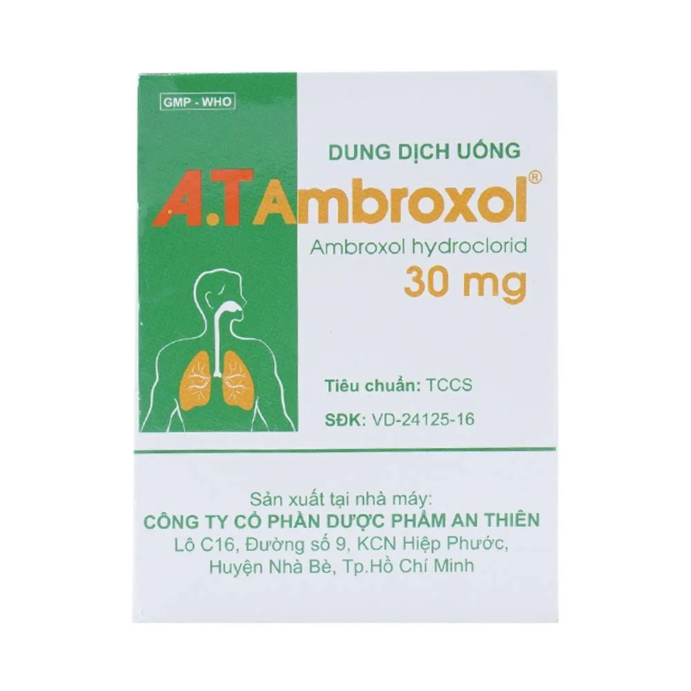 Hình ảnh Dung dịch uống A.T Ambroxol 30mg An Thiên làm loãng nhầy trong bệnh viêm phế quản, hen phế quản (30 ống x 5ml)