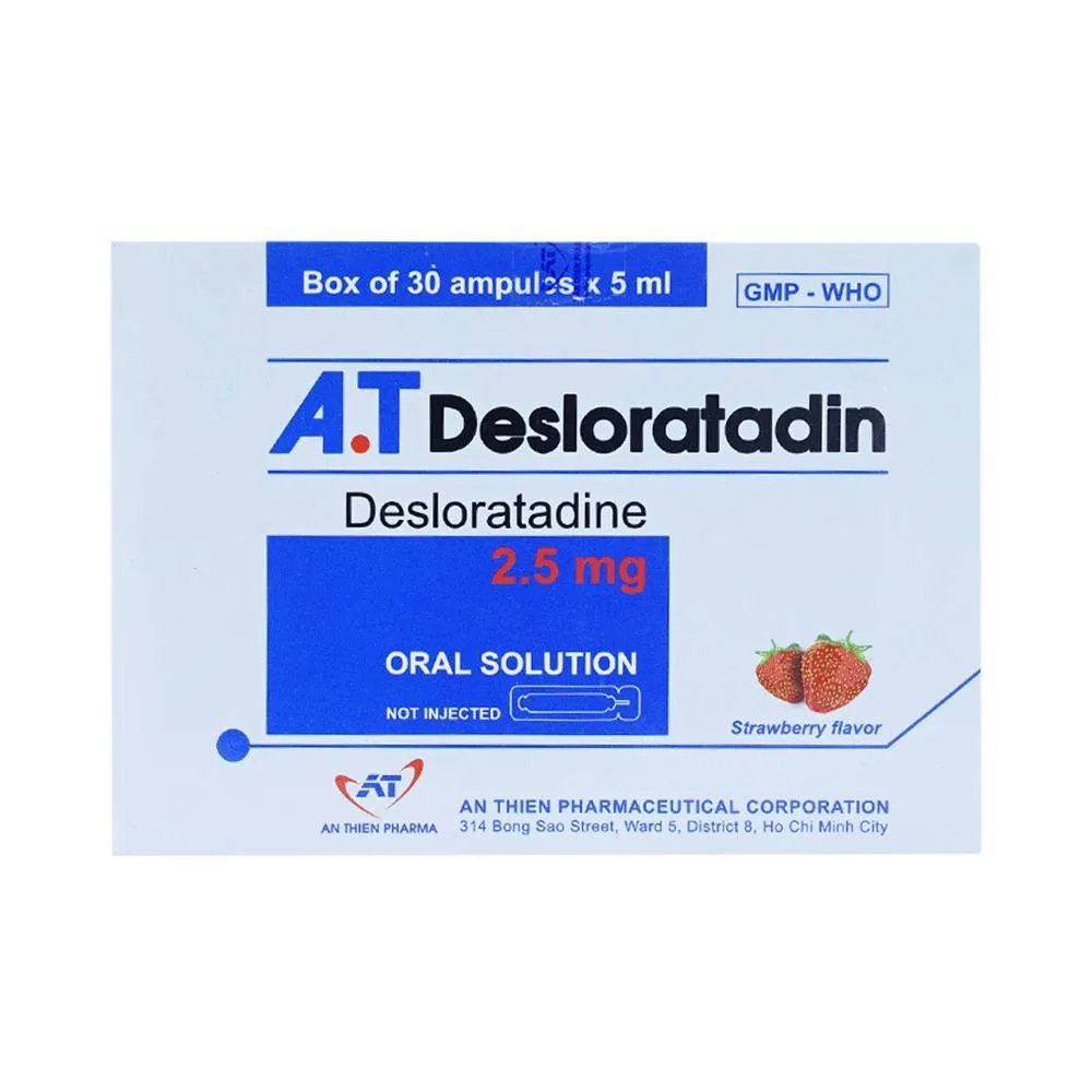 Hình ảnh Dung dịch uống A.T Desloratadin 2.5mg An Thiên giảm viêm mũi dị ứng, nổi mày đay mạn tính (30 ống x 5ml)