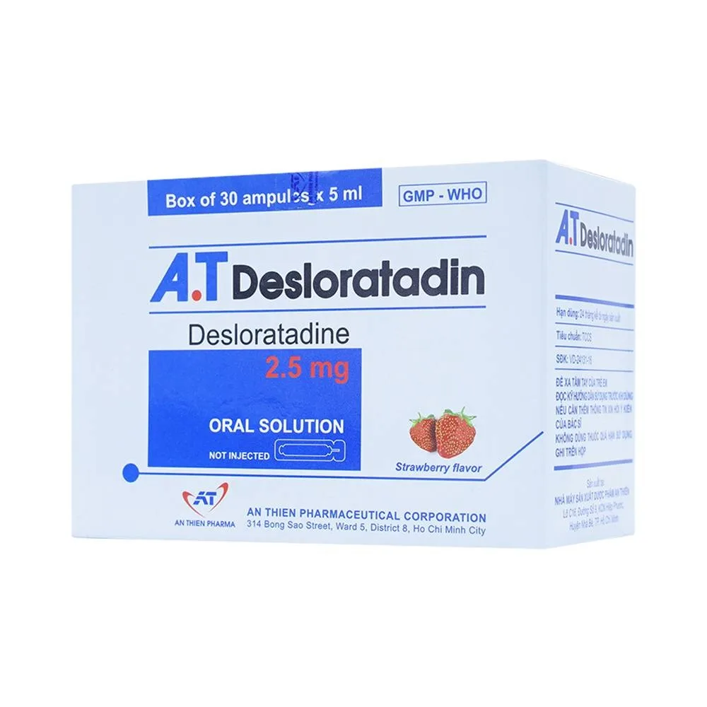Hình ảnh Dung dịch uống A.T Desloratadin 2.5mg An Thiên giảm viêm mũi dị ứng, nổi mày đay mạn tính (30 ống x 5ml)