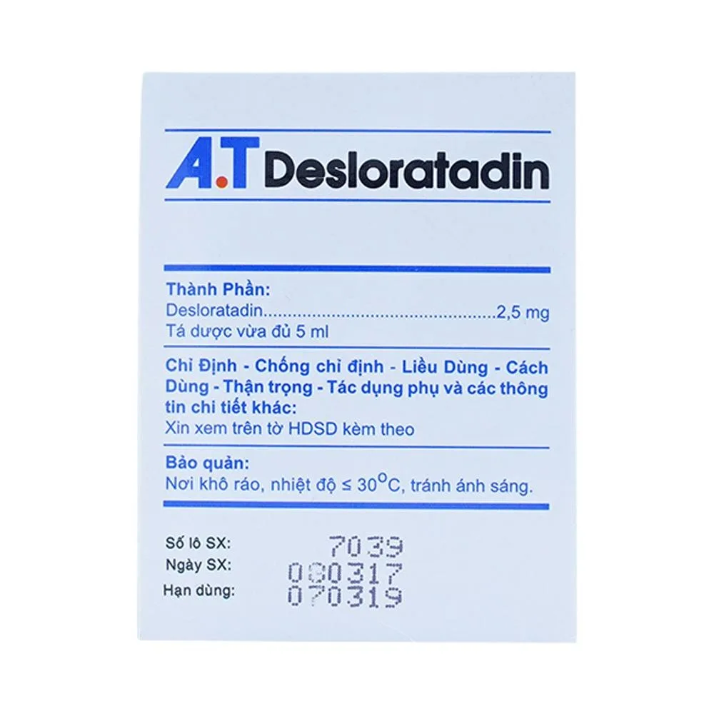 Hình ảnh Dung dịch uống A.T Desloratadin 2.5mg An Thiên giảm viêm mũi dị ứng, nổi mày đay mạn tính (30 ống x 5ml)