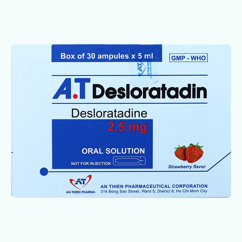 Hình ảnh Dung dịch uống A.T Desloratadin 2.5mg An Thiên giảm viêm mũi dị ứng, ngứa, nổi mày đay mạn tính (30 gói x 5ml)