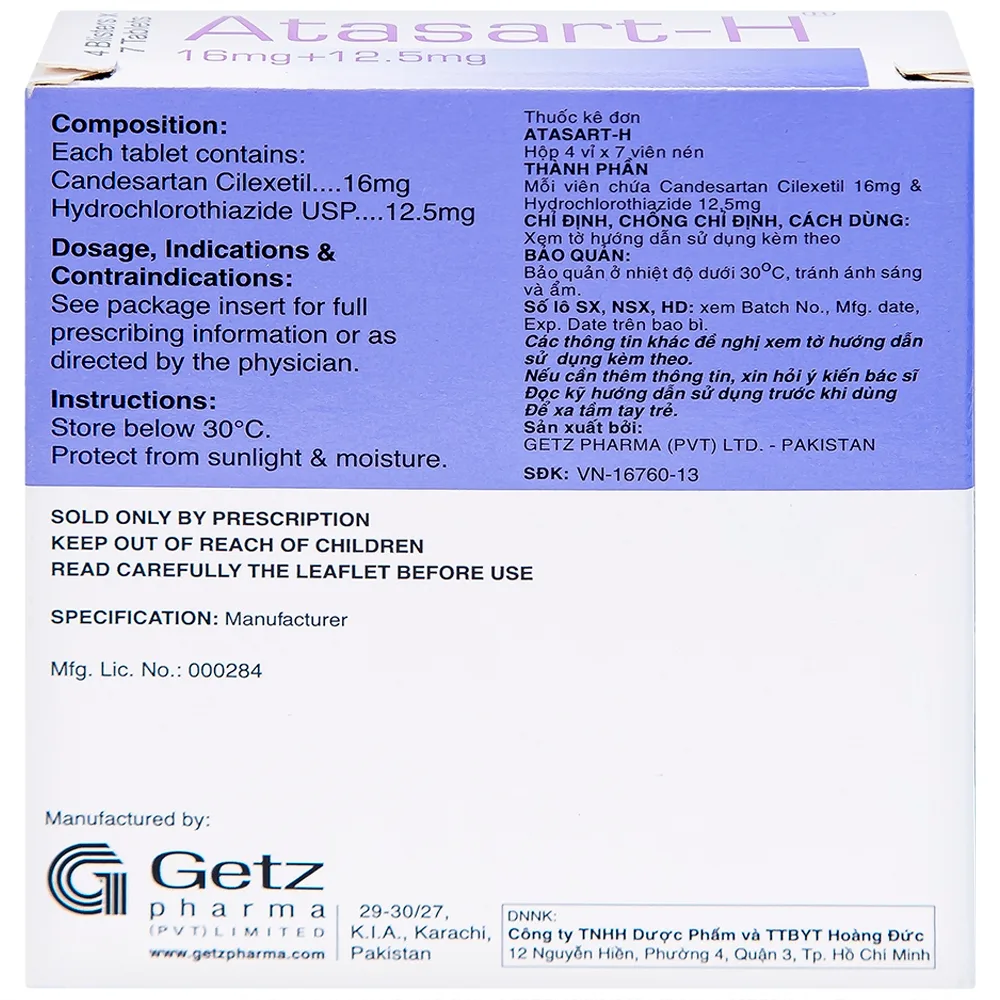 Hình ảnh Thuốc Atasart-H 16mg/12.5mg Getz điều trị tăng huyết áp (4 vỉ x 7 viên)