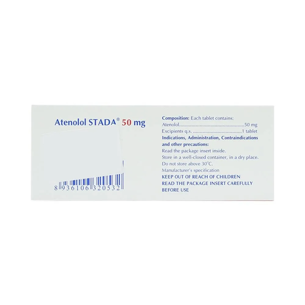 Hình ảnh Thuốc Atenolol Stada 50 mg Stada điều trị tăng huyết áp, đau thắt ngực (10 vỉ x 10 viên)