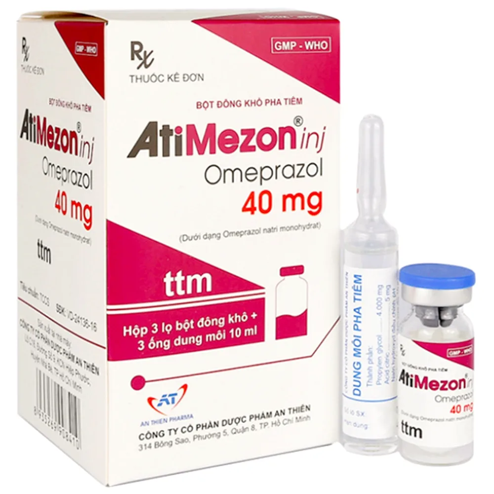 Hình ảnh Bột pha tiêm Atimezon inj Omeprazole 40mg An Thiên điều trị chứng tăng tiết acid dạ dày (3 lọ bột đông khô + 3 ống dung môi 10 ml)