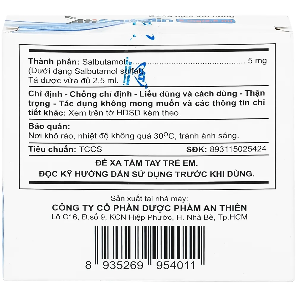 Hình ảnh Dung dịch khí dung AtiSaltolin 5mg/2,5ml An Thiên điều trị chứng co thắt phế quản (1 vỉ x 5 ống)