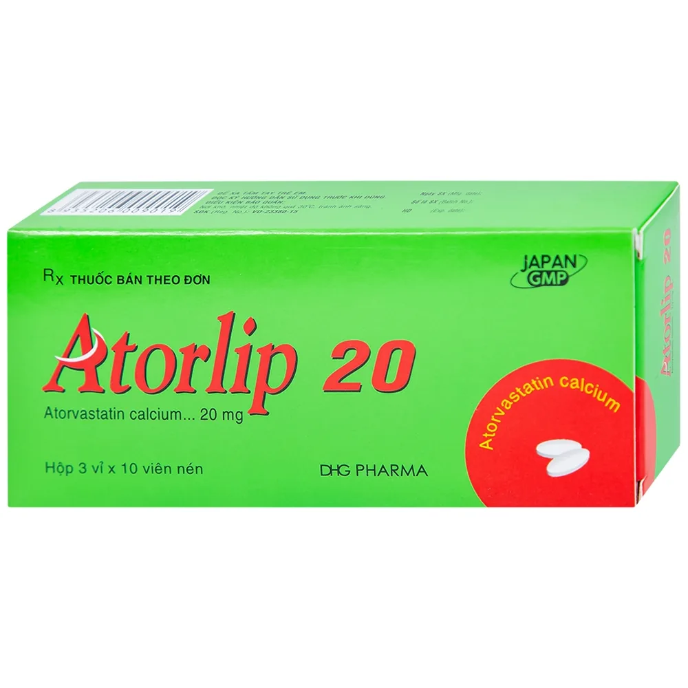 Hình ảnh Thuốc Atorlip 20mg DHG điều trị tăng cholesterol toàn phần và LDL-cholesterol (3 vỉ x 10 viên)