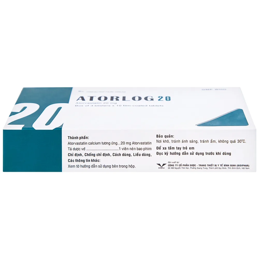 Hình ảnh Thuốc Atorlog 20mg Bidiphar điều trị tăng cholesterol toàn phần và LDL-cholesterol (3 vỉ x 10 viên)