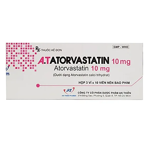 Hình ảnh Thuốc A.T Atorvastatin 10mg An Thiên điều trị tăng cholesterol toàn phần, LDL – cholesterol (3 vỉ x 10 viên)