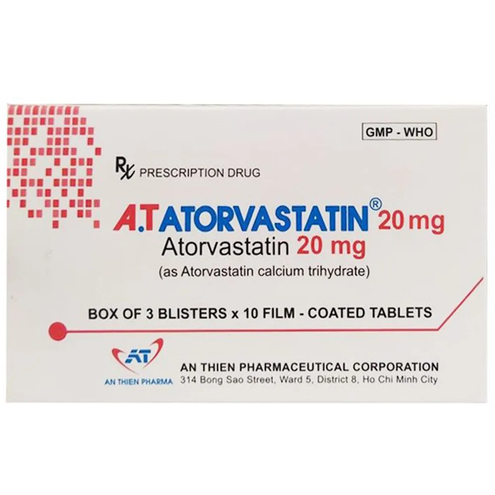 Hình ảnh Thuốc A.T Atorvastatin 20mg An Thiên điều trị tăng lipid huyết, phòng ngừa bệnh tim mạch (3 vỉ x 10 viên)