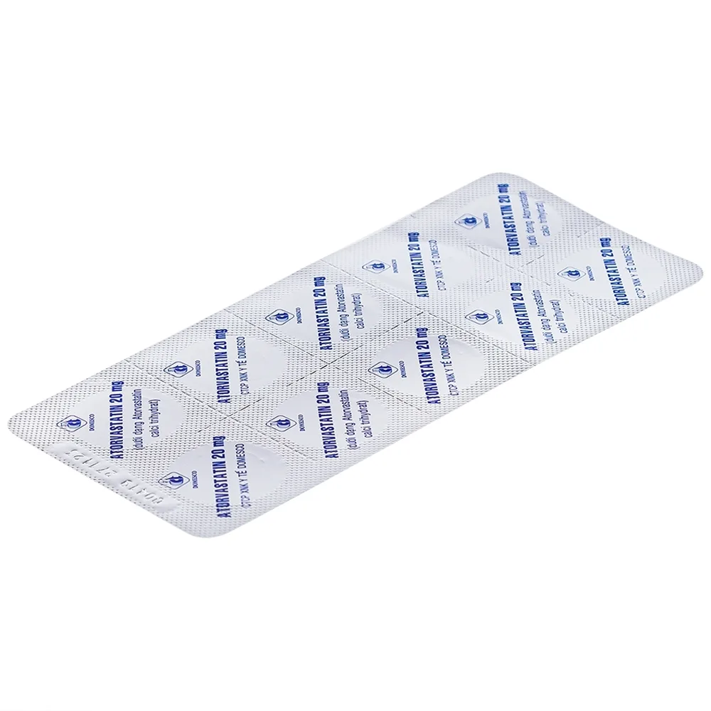 Hình ảnh Thuốc Atorvastatin 20mg Domesco điều trị tăng lipid huyết, phòng ngừa bệnh tim mạch (2 vỉ x 10 viên)