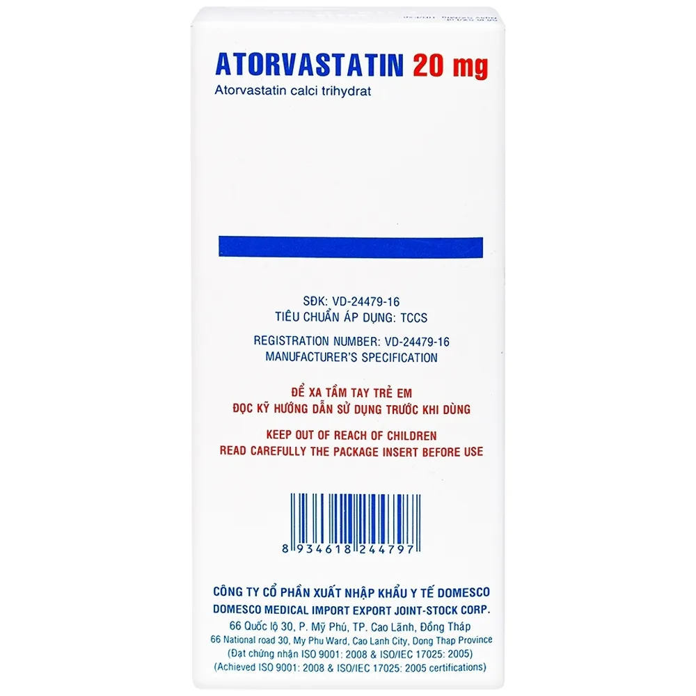 Hình ảnh Thuốc Atorvastatin 20mg Domesco điều trị tăng lipid huyết, phòng ngừa bệnh tim mạch (2 vỉ x 10 viên)