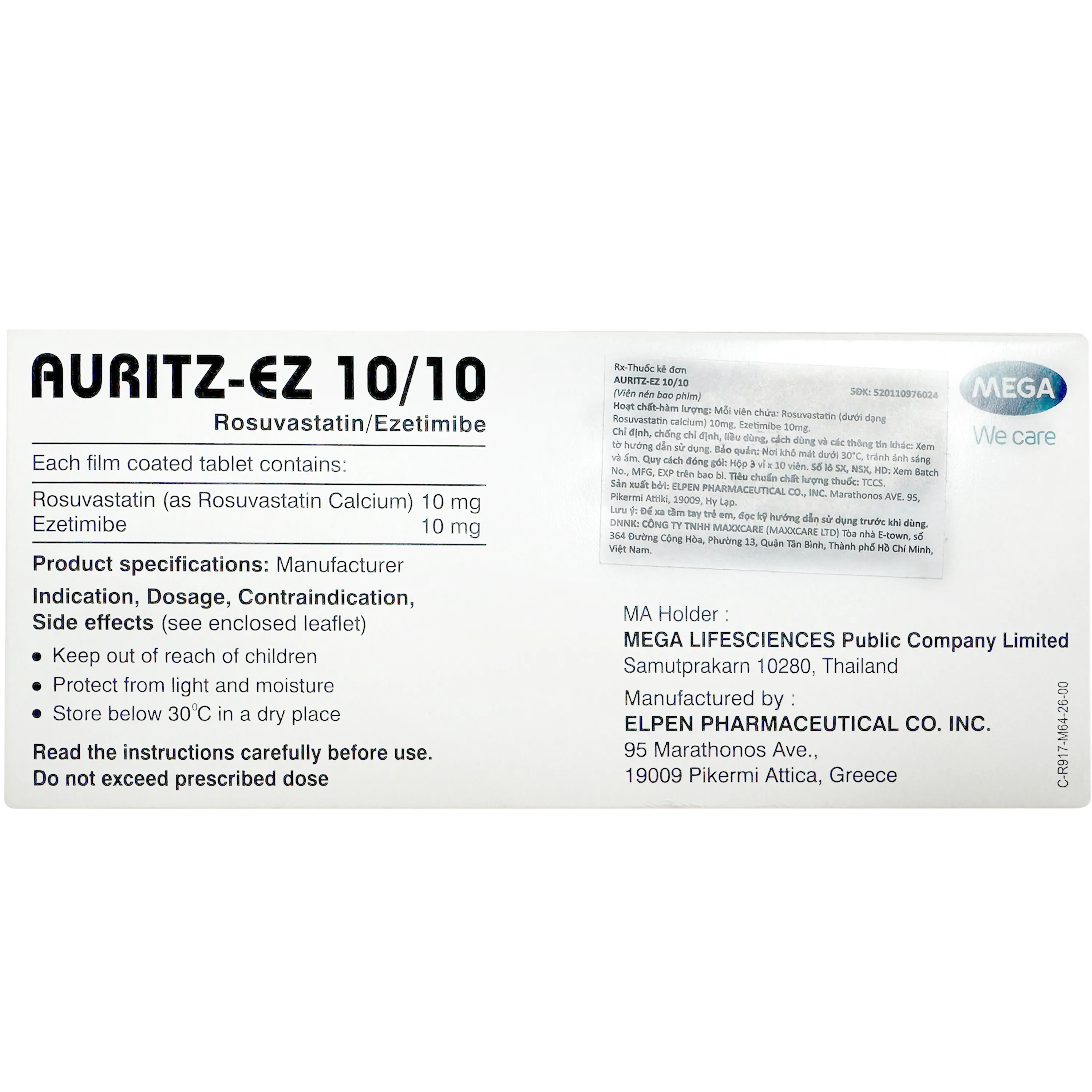 Hình ảnh Thuốc Auritz EZ 10/10 Điều trị tăng cholesterol máu nguyên phát và Dự phòng biến cố tim mạch (3 vỉ x 10 viên)