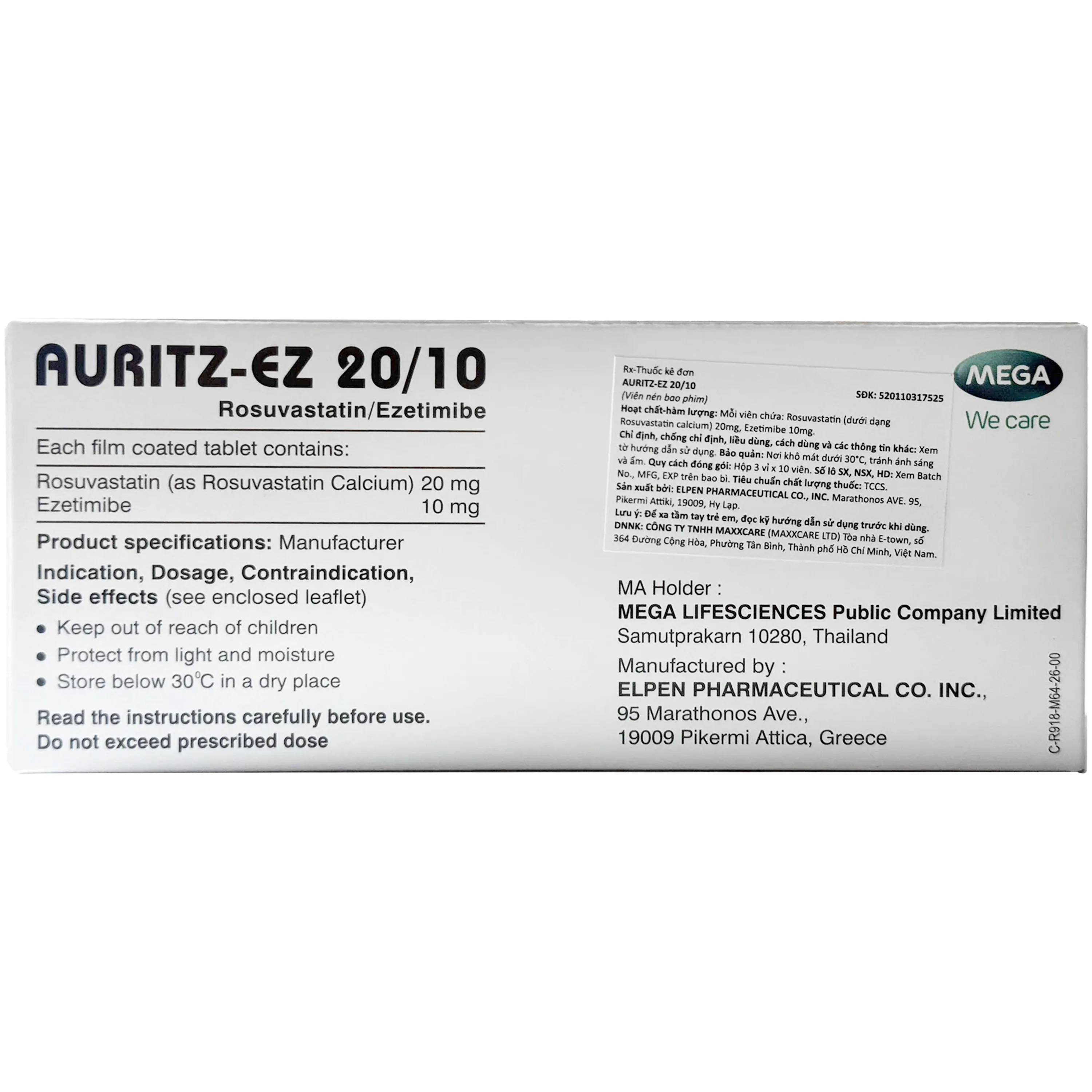 Hình ảnh Thuốc Auritz ez 20/10 Điều trị tăng cholesterol máu nguyên phát và Dự phòng biến cố tim mạch (3 vỉ x 10 viên)