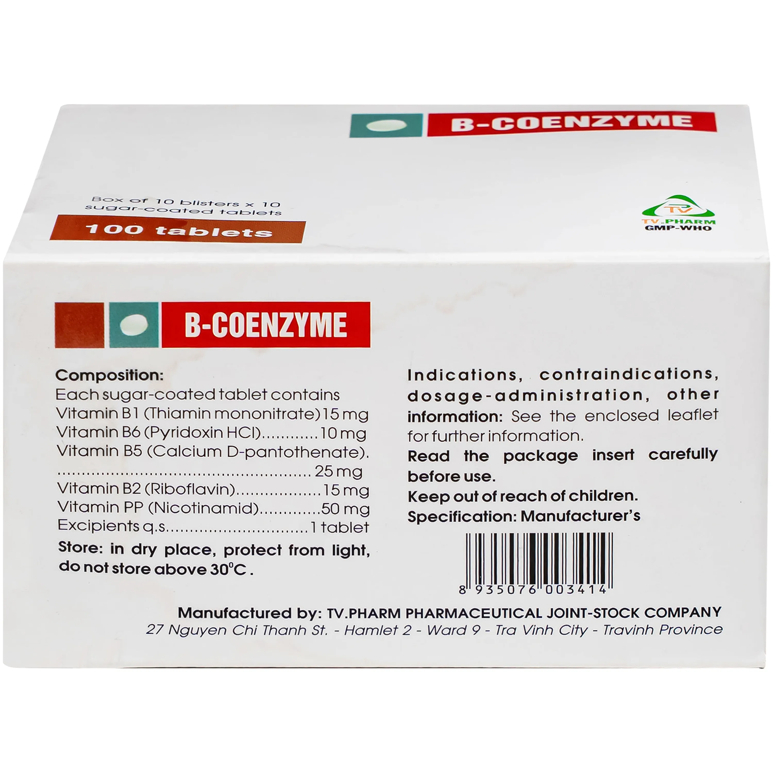 Hình ảnh Thuốc B-Coenzyme Tv.Pharm bổ sung vitamin nhóm B, hỗ trợ phòng điều trị các bệnh do thiếu hụt vitamin nhóm B (hộp 100 viên)
