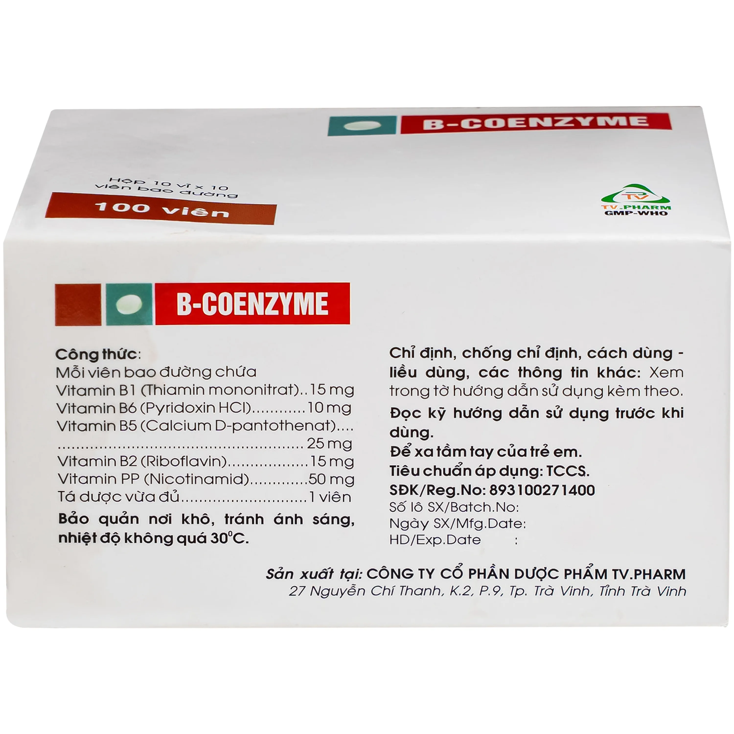 Hình ảnh Thuốc B-Coenzyme Tv.Pharm bổ sung vitamin nhóm B, hỗ trợ phòng điều trị các bệnh do thiếu hụt vitamin nhóm B (hộp 100 viên)