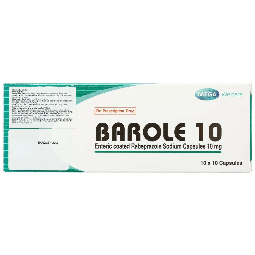 Hình ảnh Thuốc Barole 10 MEGA We care điều trị bệnh viêm loét do trào ngược dạ dày - thực quản, loét dạ dày - tá tràng (10 vỉ x 10 viên)