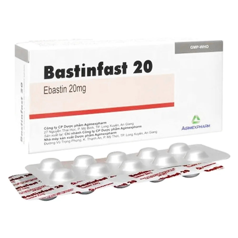 Hình ảnh Thuốc Bastinfast 20 Agimexpharm điều trị triệu chứng viêm mũi dị ứng, ngứa da, mày đay (10 vỉ x 10 viên)