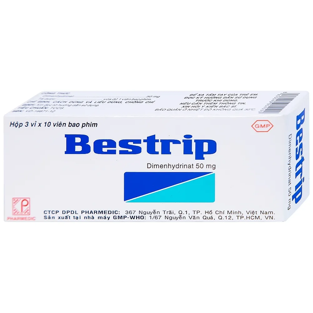 Hình ảnh Thuốc Bestrip 50mg Pharmedic phòng và điều trị các chứng buồn nôn do say tàu xe (3 vỉ x 10 viên)