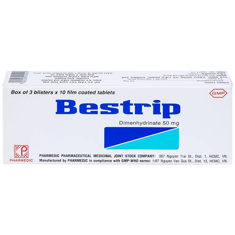 Hình ảnh Thuốc Bestrip 50mg Pharmedic phòng và điều trị các chứng buồn nôn do say tàu xe (3 vỉ x 10 viên)