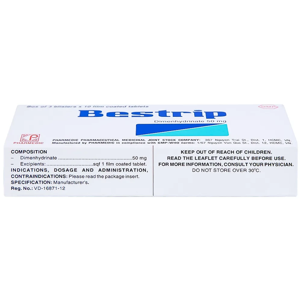 Hình ảnh Thuốc Bestrip 50mg Pharmedic phòng và điều trị các chứng buồn nôn do say tàu xe (3 vỉ x 10 viên)