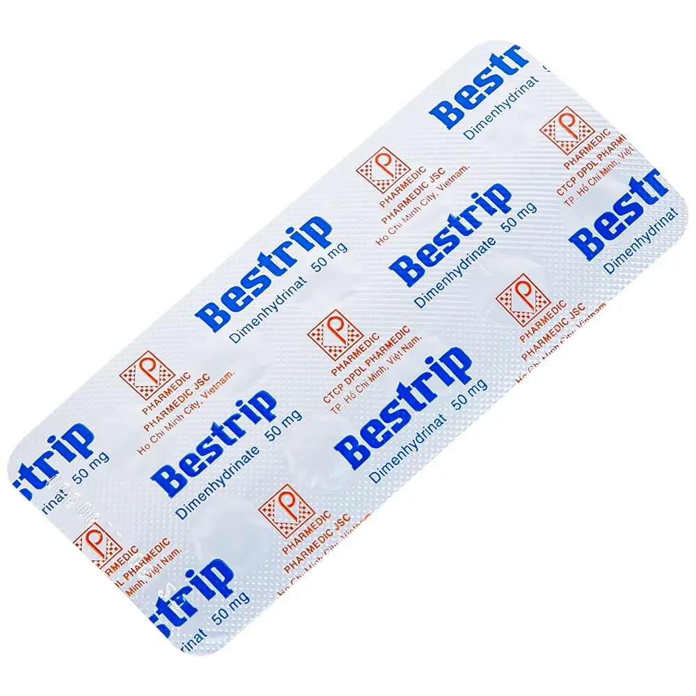 Hình ảnh Thuốc Bestrip 50mg Pharmedic phòng và điều trị các chứng buồn nôn do say tàu xe (3 vỉ x 10 viên)