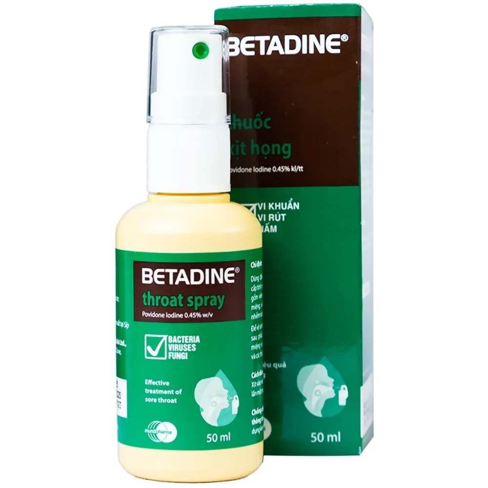 Hình ảnh Thuốc xịt họng Betadine Throat Spray điều trị bệnh nhiễm trùng cấp tính niêm mạc miệng, họng (50ml)