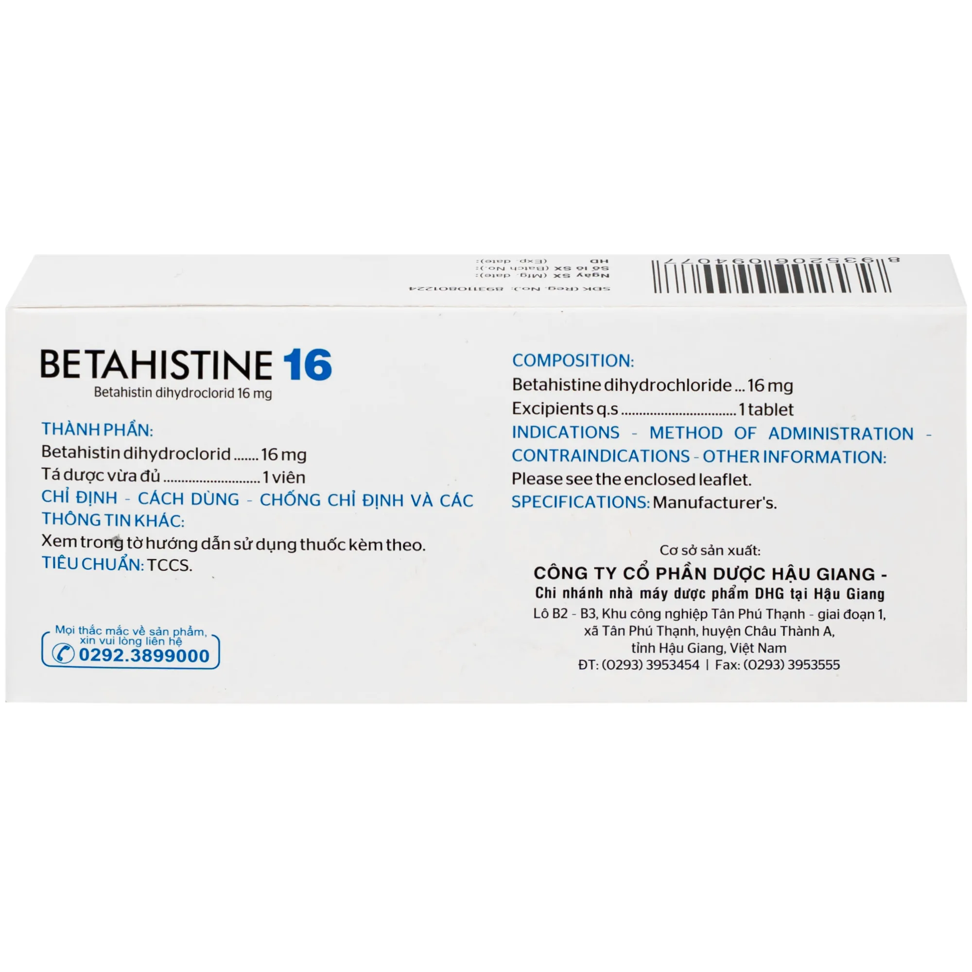 Hình ảnh Thuốc Betahistine 16mg Dhg Pharma Chỉ định dùng để trị chóng mặt (3 vỉ x 10 viên)
