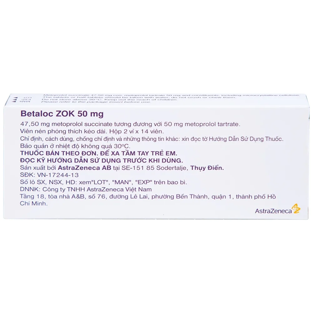 Hình ảnh Thuốc Betaloc Zok 50mg AstraZeneca điều trị tăng huyết áp (2 vỉ x 14 viên)