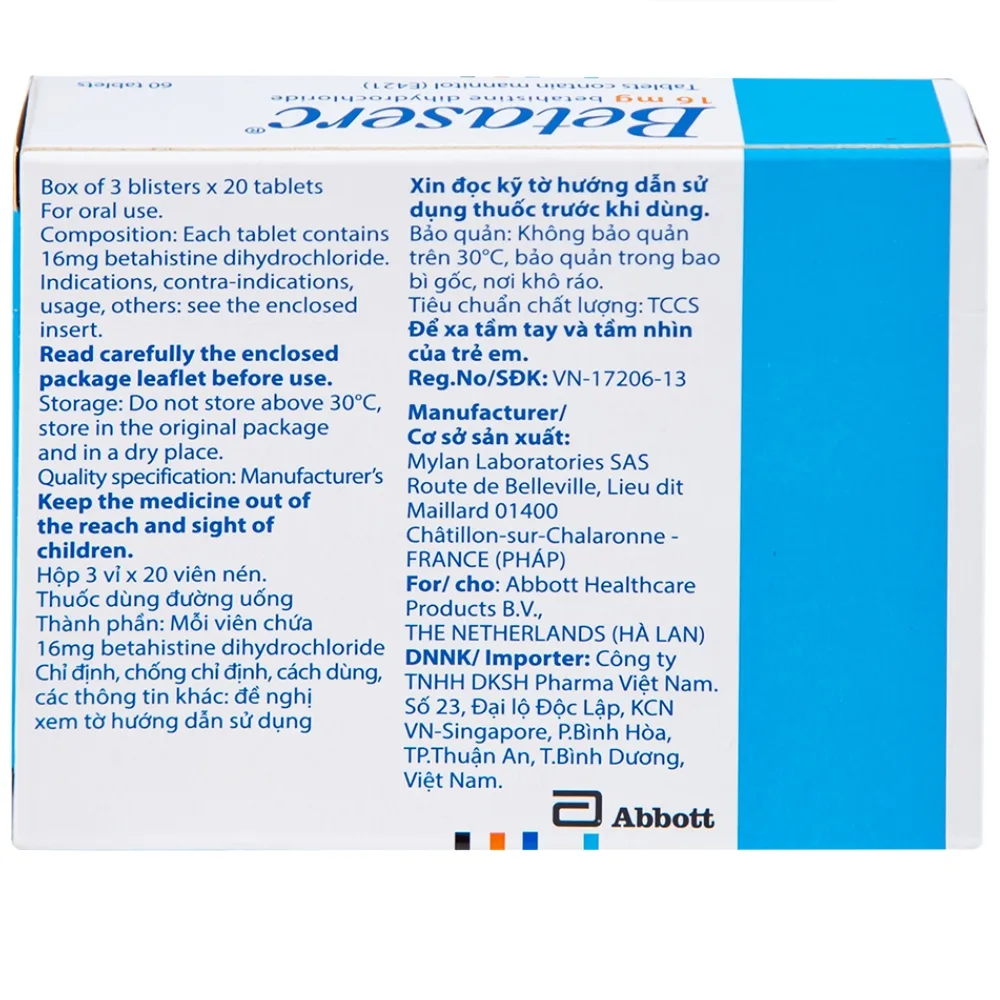Hình ảnh Thuốc Betaserc 16mg Abbott điều trị rối loạn tiền đình (3 vỉ x 20 viên)